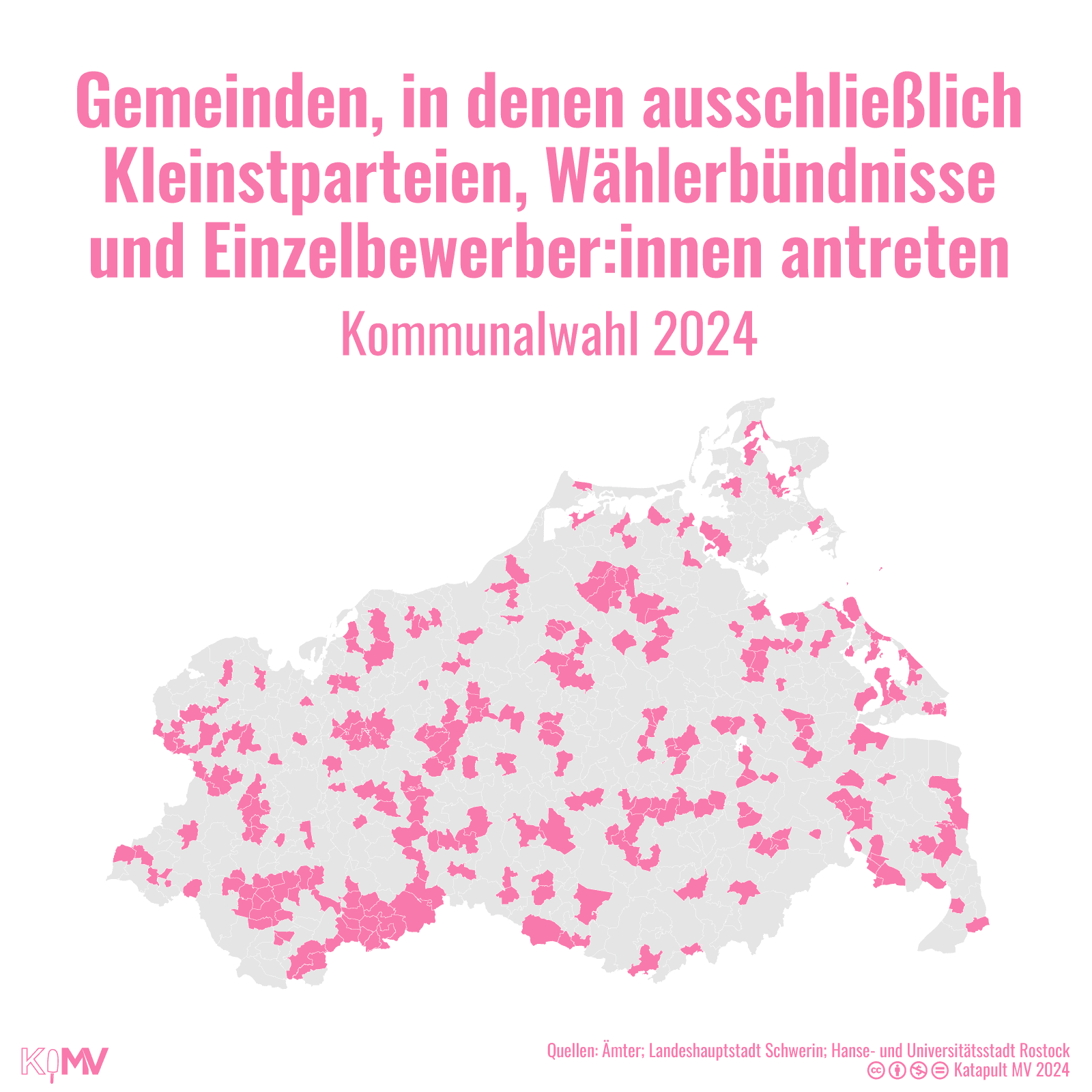 MV-Karte von Gemeinden, in denen ausschließlich Kleinstparteien, Wählerbündnisse und Einzelbewerber:innen zur Kommunalwahl 2024 antreten: 256 von 724.