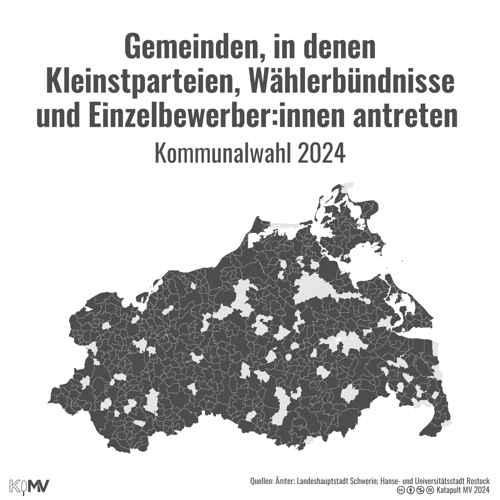 MV-Karte von Gemeinden, in denen Kleinstparteien, Wählerbündnisse und EInzelbewerber:innen zur Kommunalwahl 2024 antreten: 632 von 724.