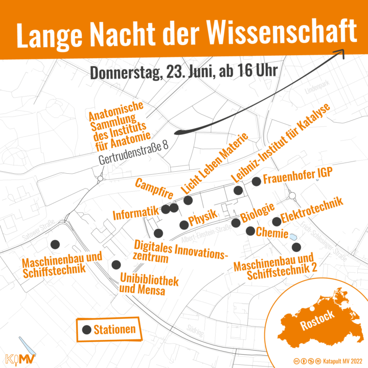 Lange Nacht der Wissenschaft in Rostock am 23. Juni ab 16 Uhr; Standorte in der Südstadt: Maschinenbau und Schiffstechnik; Unibibliothek und Mensa; Digitales Innovationszentrum; Informatik; Campfire; Physik; Licht