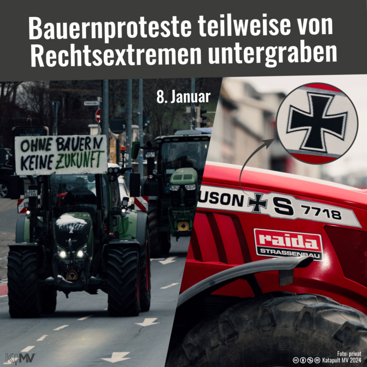 Bauernproteste am 8. Januar teilweise von Rechtsextremen untergraben. Gegenüberstellung von einerseits friedlichen Protesten mit Traktoren und einem Traktor mit einem aufgedruckten Eisernen Kreuz.