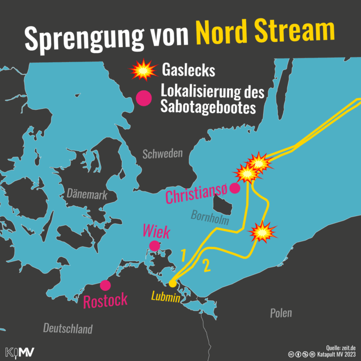 Karte von der Ostsee zur Sprengung von Nord Stream. Eingezeichnet sind Nord Stream 1 und 2