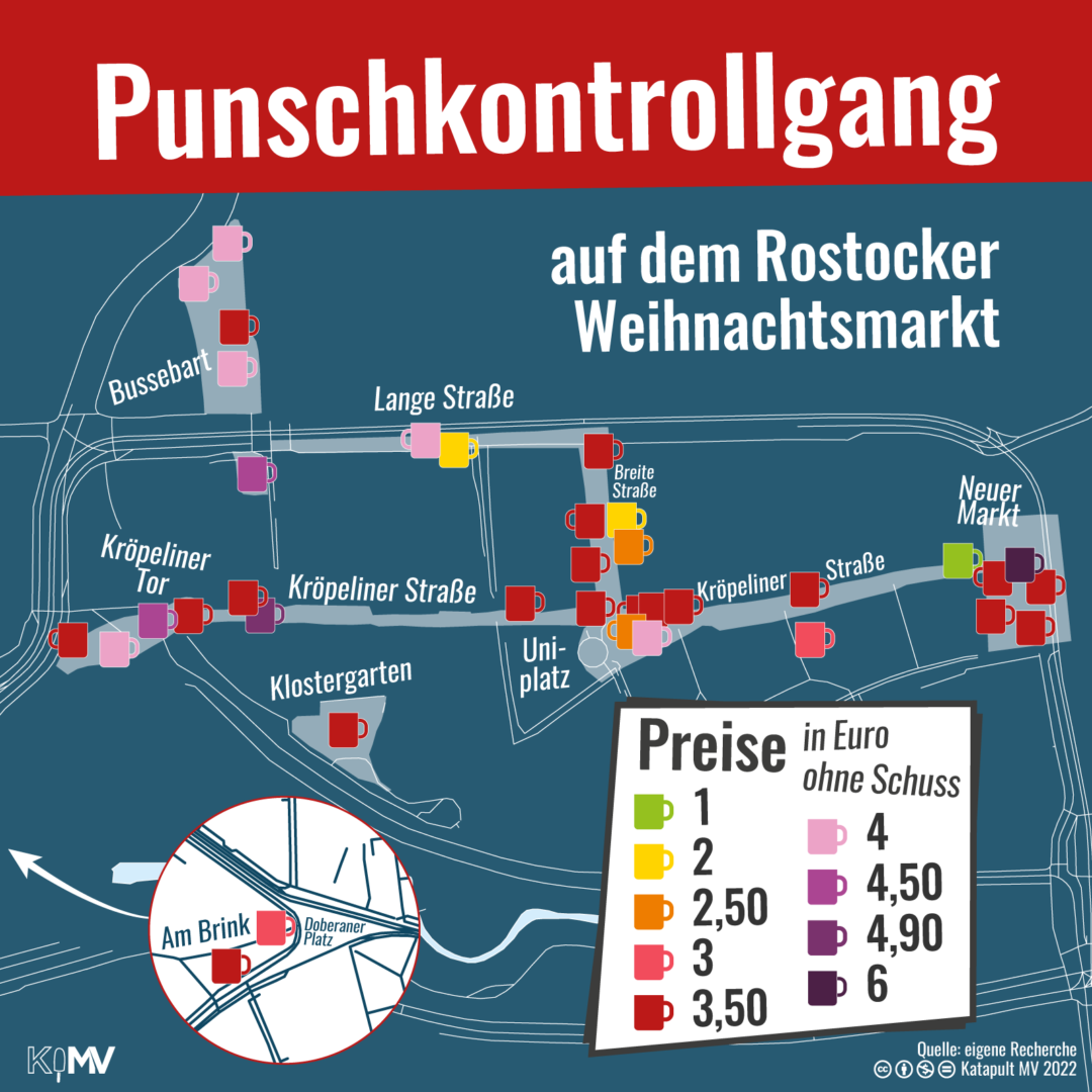 Karte vom Rostocker Weihnachtsmarkt. Überschrift: Punschkontrollgang. Eingezeichnet sind mit kleinen Tassensymbolen