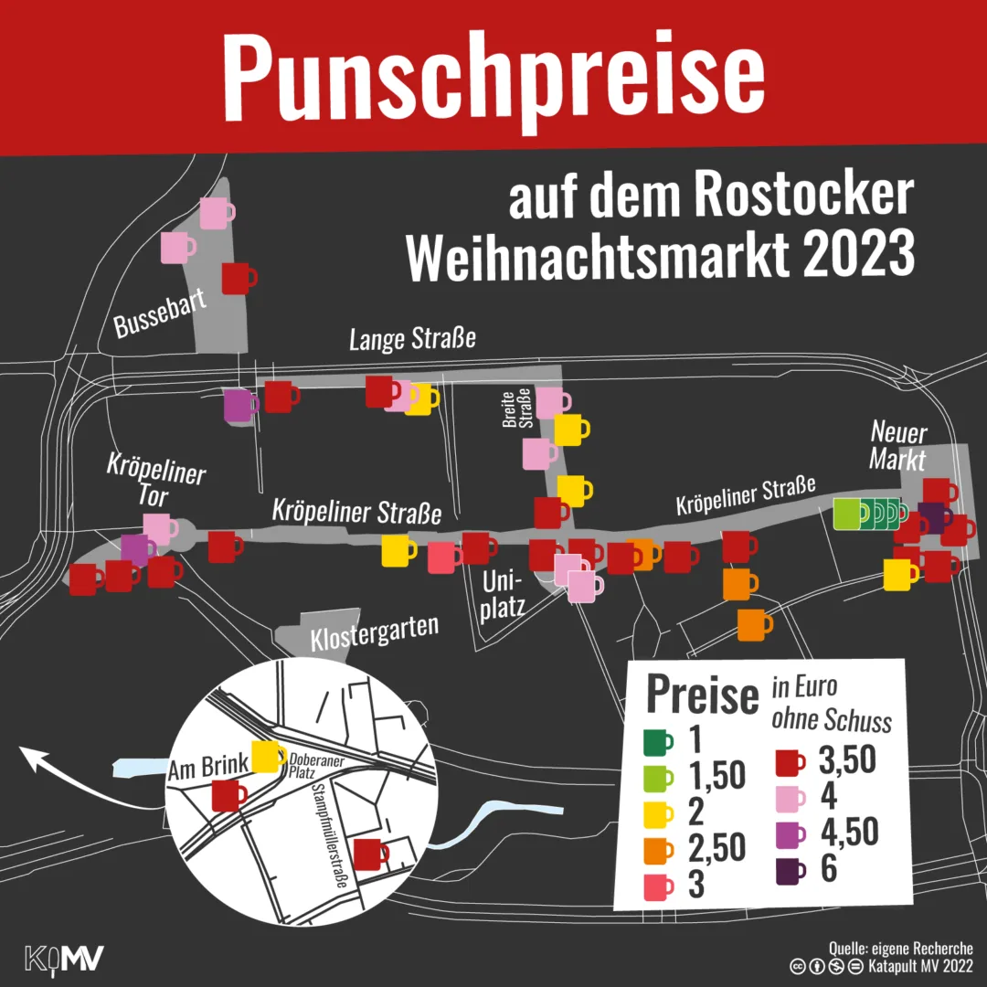 Karte von der Rostocker Innenstadt mit eingetragenen Punschpreisen auf dem Rostocker Weihnachtsmarkt 2023