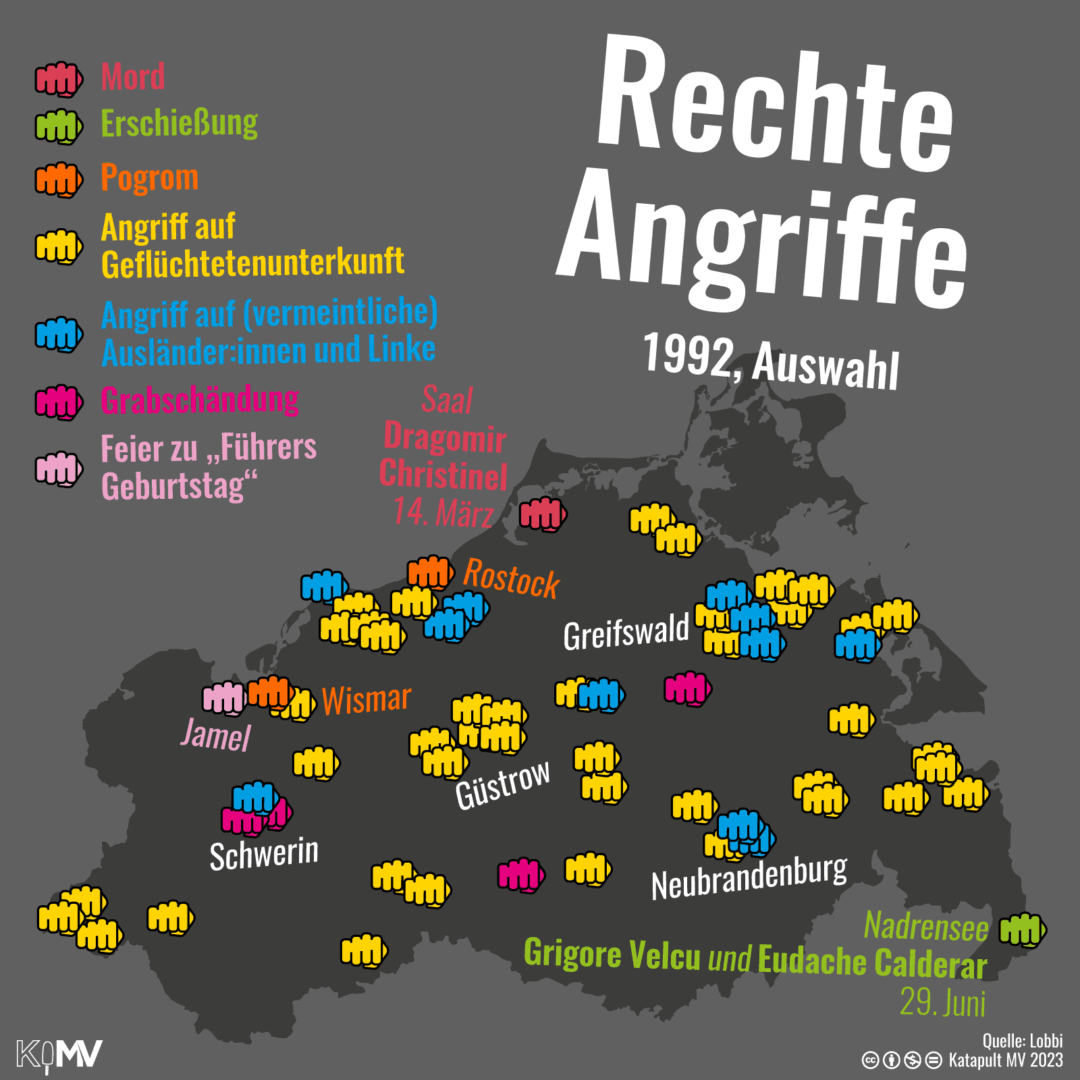 MV-Karte: Rechte Angriffe 1992 (Auswahl): Mord in Saal an Dragomir Christinel am 14. März