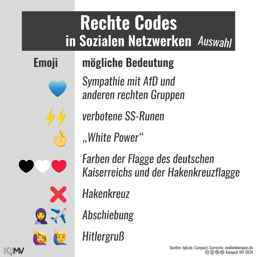 Rechte Codes in Sozialen Netzwerken (Auswahl). Emojis und ihre möglichen Bedeutungen: Blaues Herz = Sympathie mit AfD und anderen rechten Gruppen; zwei Blitze = verbotene SS-Rune; Okay-Handzeichen = “White Power”; Schwarz-Weiß-Rote Herzen = Farben der Flagge des deutschen Kaiserreichs und der Hakenkreuzflagge; Rotes Kreuz = Hakenkreuz; Frau mit Kopftuch und Flugzeug = Abschiebung; Person meldet sich = Hitlergruß