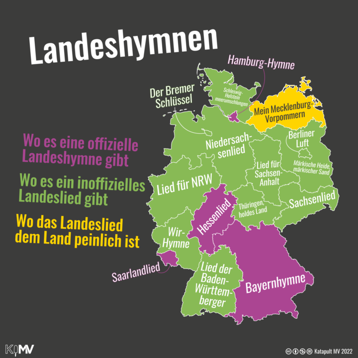 Deutschlandkarte mit Landeshymnen. Wo es eine offizielle Landeshymne gibt: Bayern (Bayernhymne)