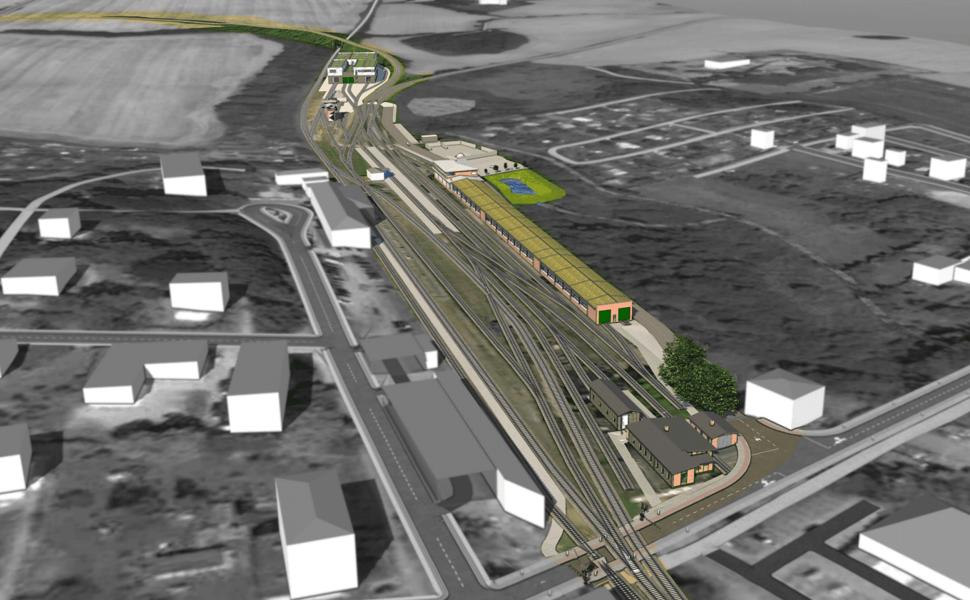 Geplante Werkstatt und Eisenbahnerlebnislandschaft für den Rasenden Roland in Putbus (Bild: Ingenieurbüro IBL Plan)