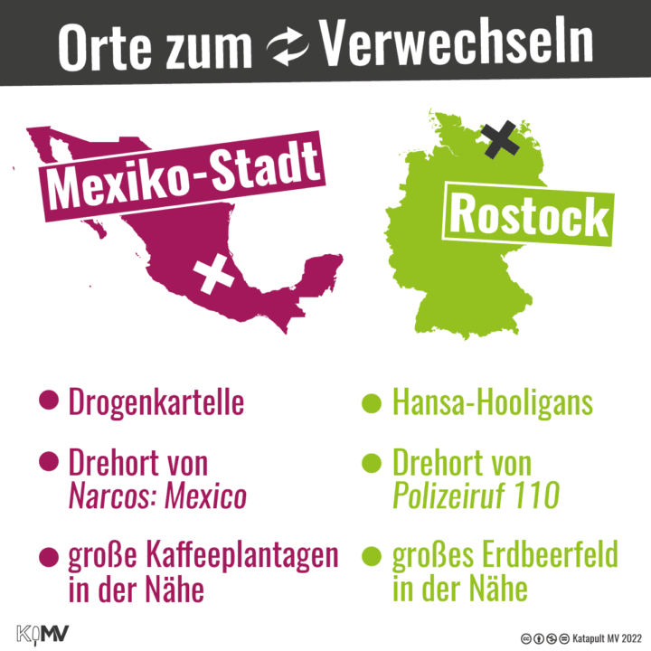 Orte zum Verwechseln: Mexiko-Stadt - Rostock: Drogenkartelle - Hansa-Hooligans; Drehort von "Narcos: Mexiko" - Drehort von "Polizeiruf 110"; große Kaffeeplantagen in der Nähe - großes Erdbeerfeld in der Nähe