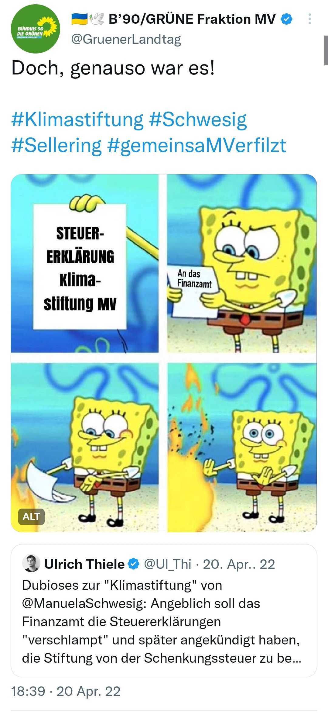 Die Grüne Landtagsfraktion lag mit ihren Vermutungen bereits im April richtig. Die Steuererkärung der Klimastiftung landete im Feuer. Quelle: Twitter