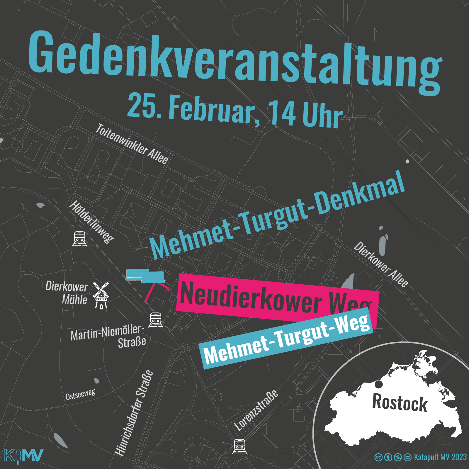 Karte von Rostock zur Gedenkveranstaltung am 25. Februar um 14 Uhr. Eingezeichnet ist der Neudierkower Weg, der mit 