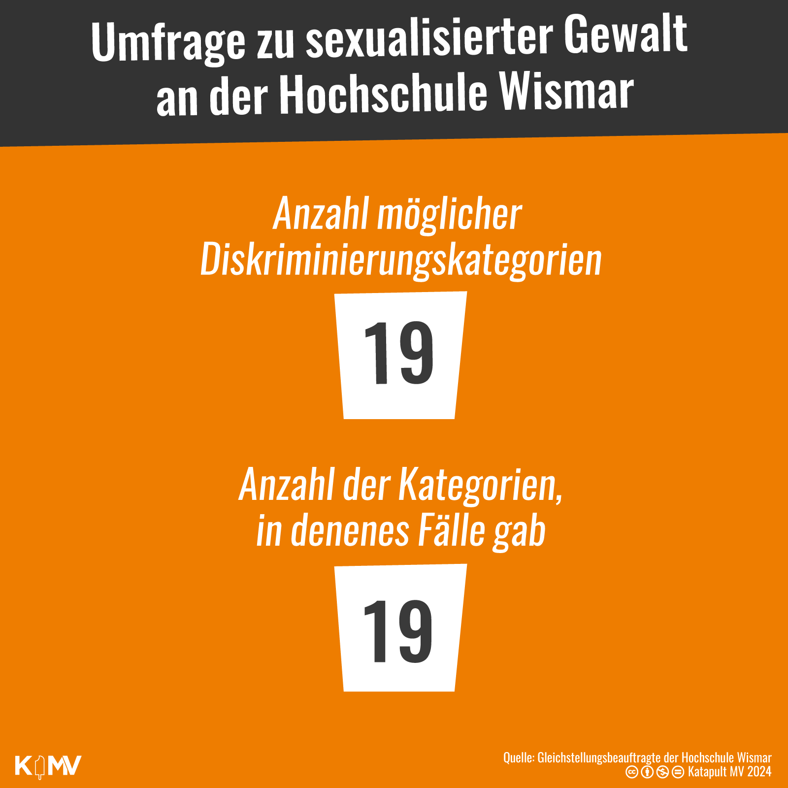 Die Abbildung zeigt zwei Zahlen aus einer Umfrage der Hochschule Wismar. Einmal wie viele Kategorien der Diskriminierung es gab, die Betroffene in der Umfrage angeben konnten. Es waren 19. Dazu gehörten Beleidung, Herabsetzen der Leistung oder Mobbing. Aber auch Stalking, Vergewaltigung, Nötigung oder andere körperliche Übergriffe. Insgesamt gab es es in jeder Kategorie mindestens einen Fall. Das zeigt die andere Zahl.